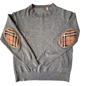 Burberry Wool Sweater with Check Elbow Patches in Grey Melange Bempton Small